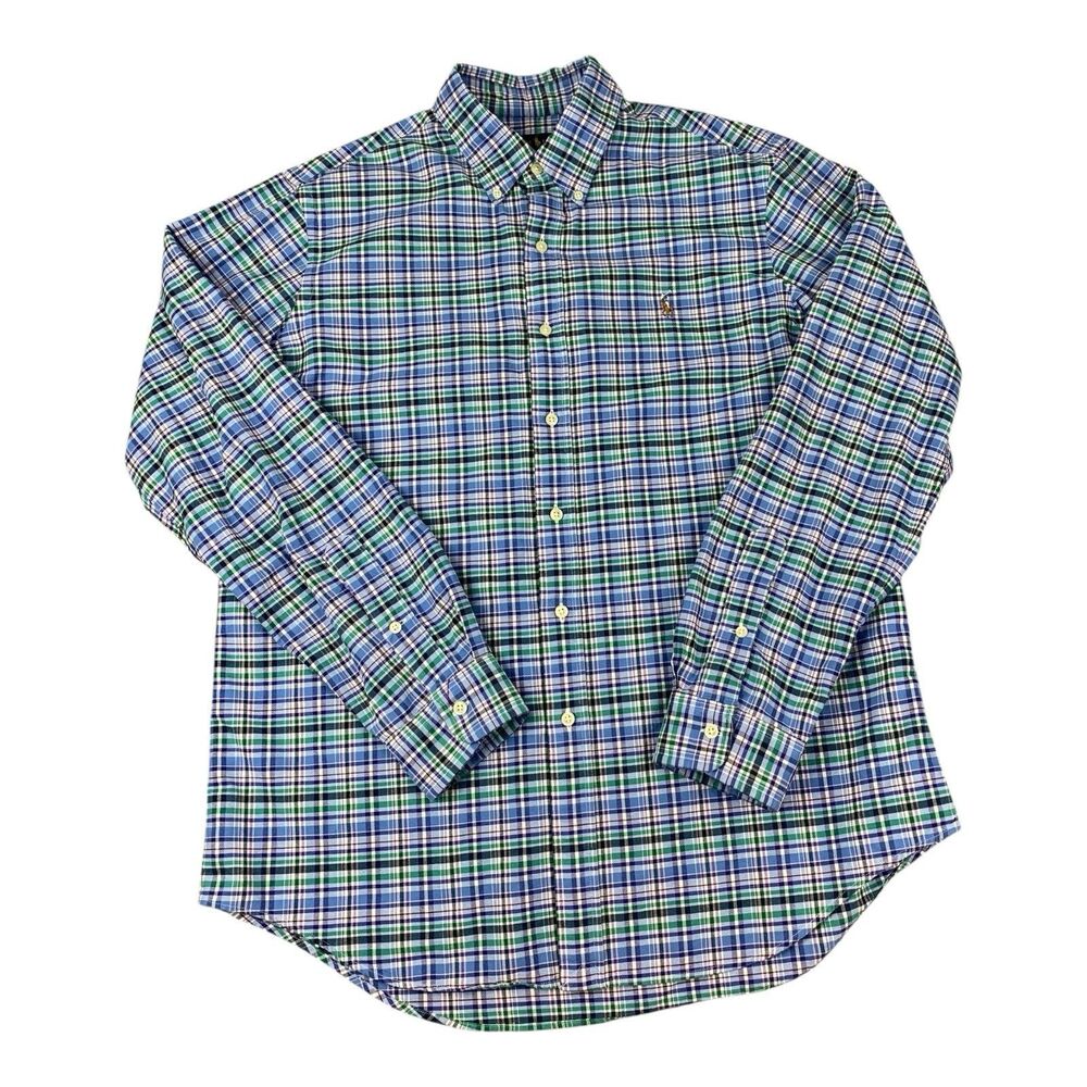 Ralph Lauren Long Sleeve Button Up Shirt, Blue Plaid, Cotton, Men’s Size Large